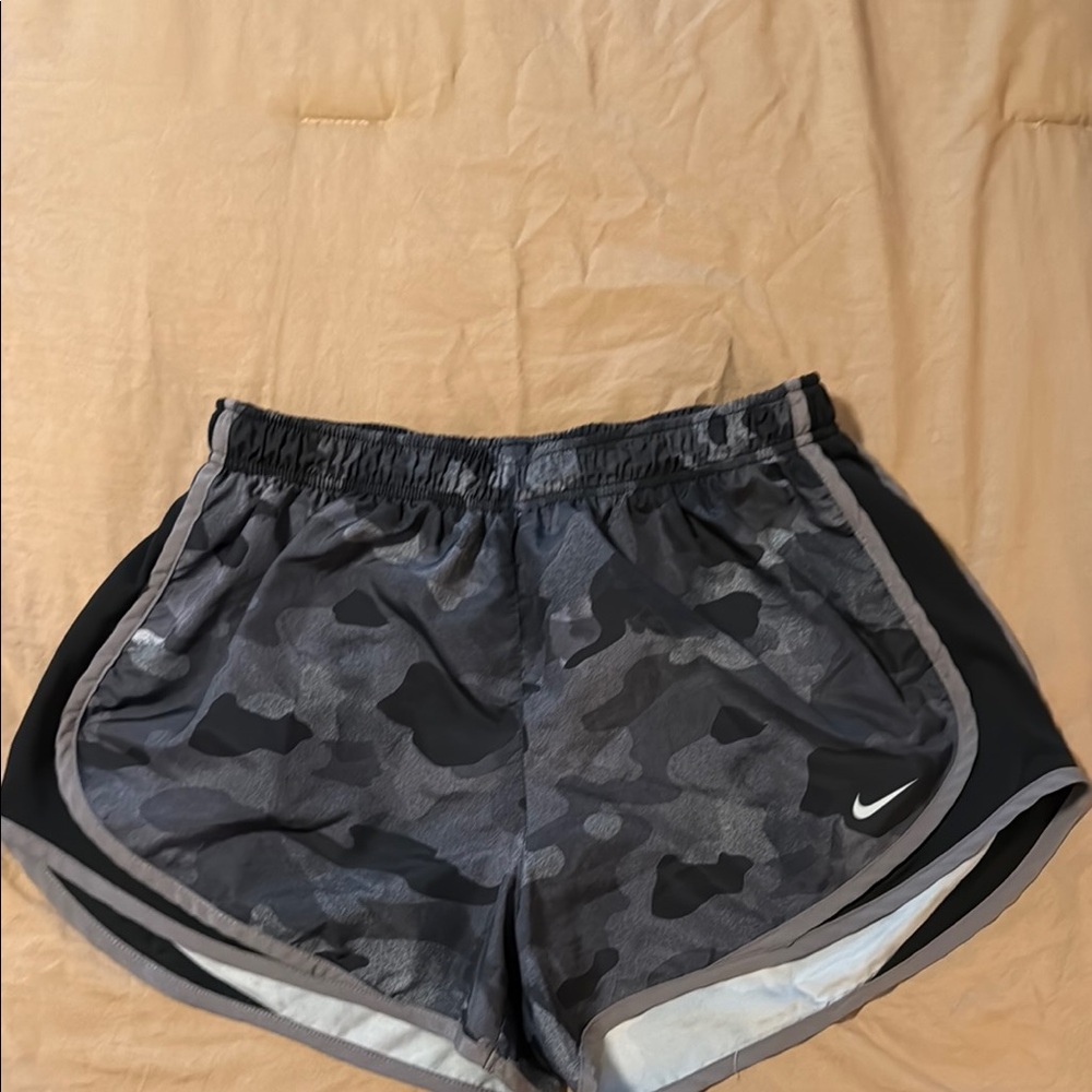 Nike Gray and Black Athletic Shorts with Camouflage Design